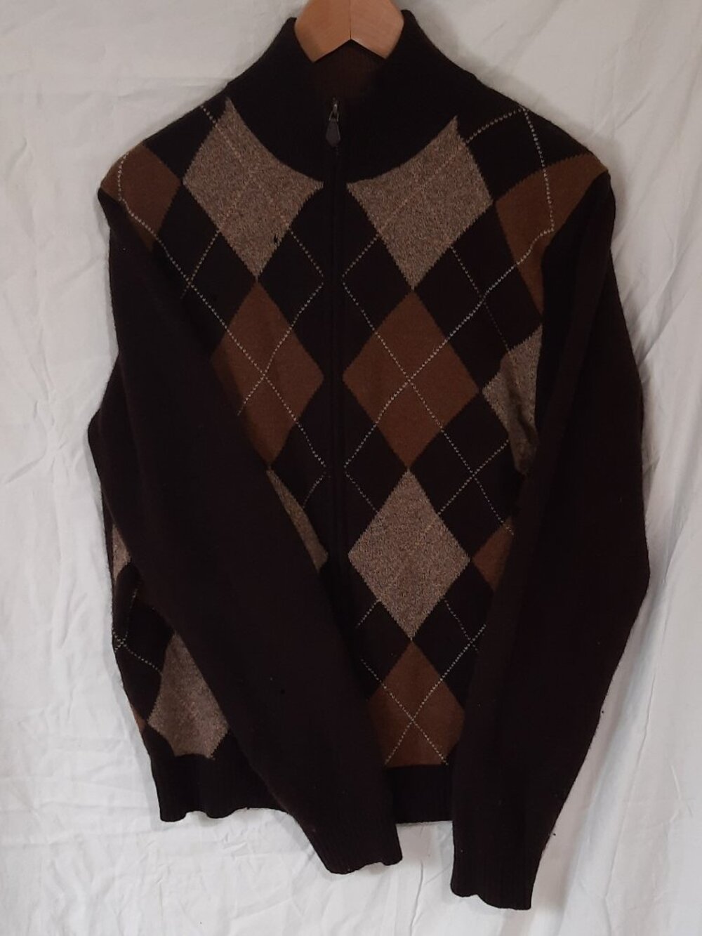 Brooks Brothers "346" Brown Argyle Zip-Up Sweater, Men's M